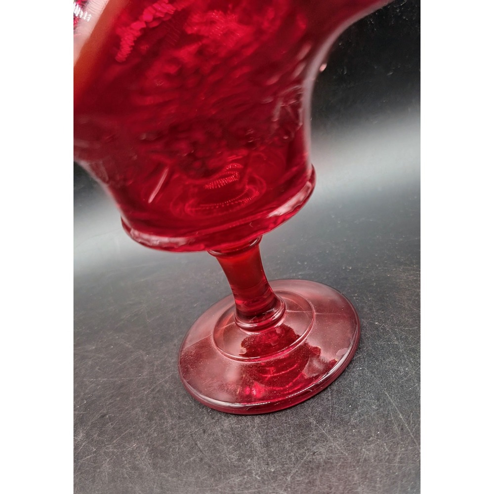 Ruby Red Glass Compote Ruffled Rim Grapevine Pattern Pedestal Candy Dish - Picture 5 of 9